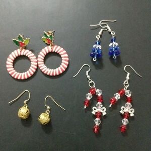Set of 4 Holiday Christmas Earrings - Holly Wreath, Blue Tree, Candy Cane